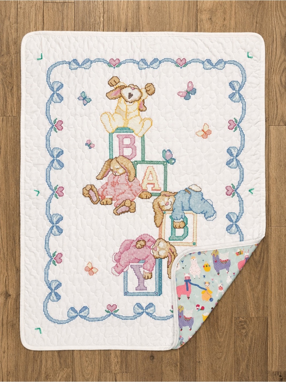 Cottagecore Handmade Baby Quilt Blanket Bunny Cross Stitch Nursery Pastel D67